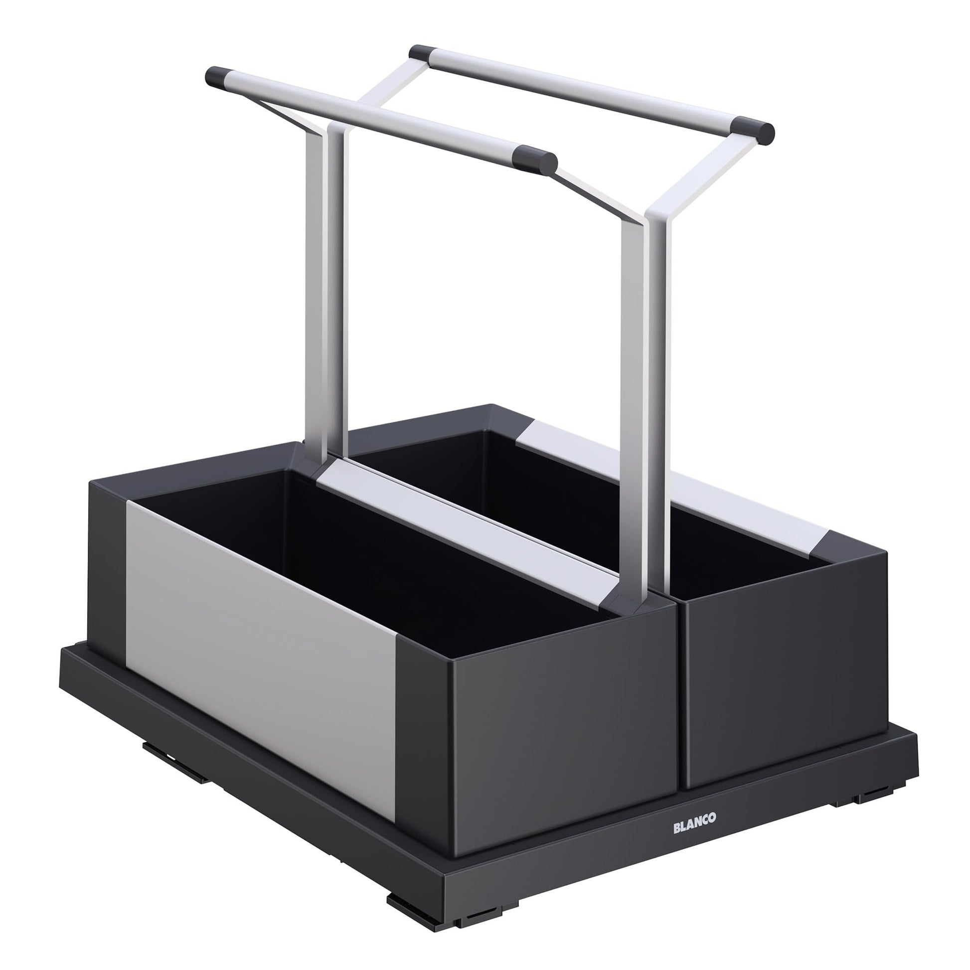Black and white double storage caddy with two compartments, metal frame, and black handles on top.