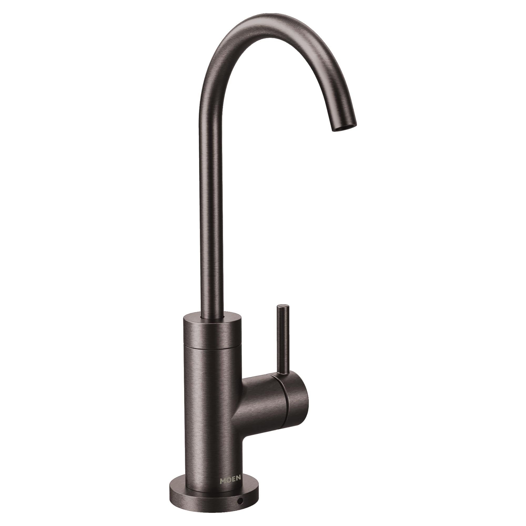 Black stainless steel kitchen beverage faucet with curved spout and single lever handle.