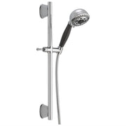 Chrome slide bar hand shower with black grip, multi-hole showerhead, mounting brackets, and flexible hose.