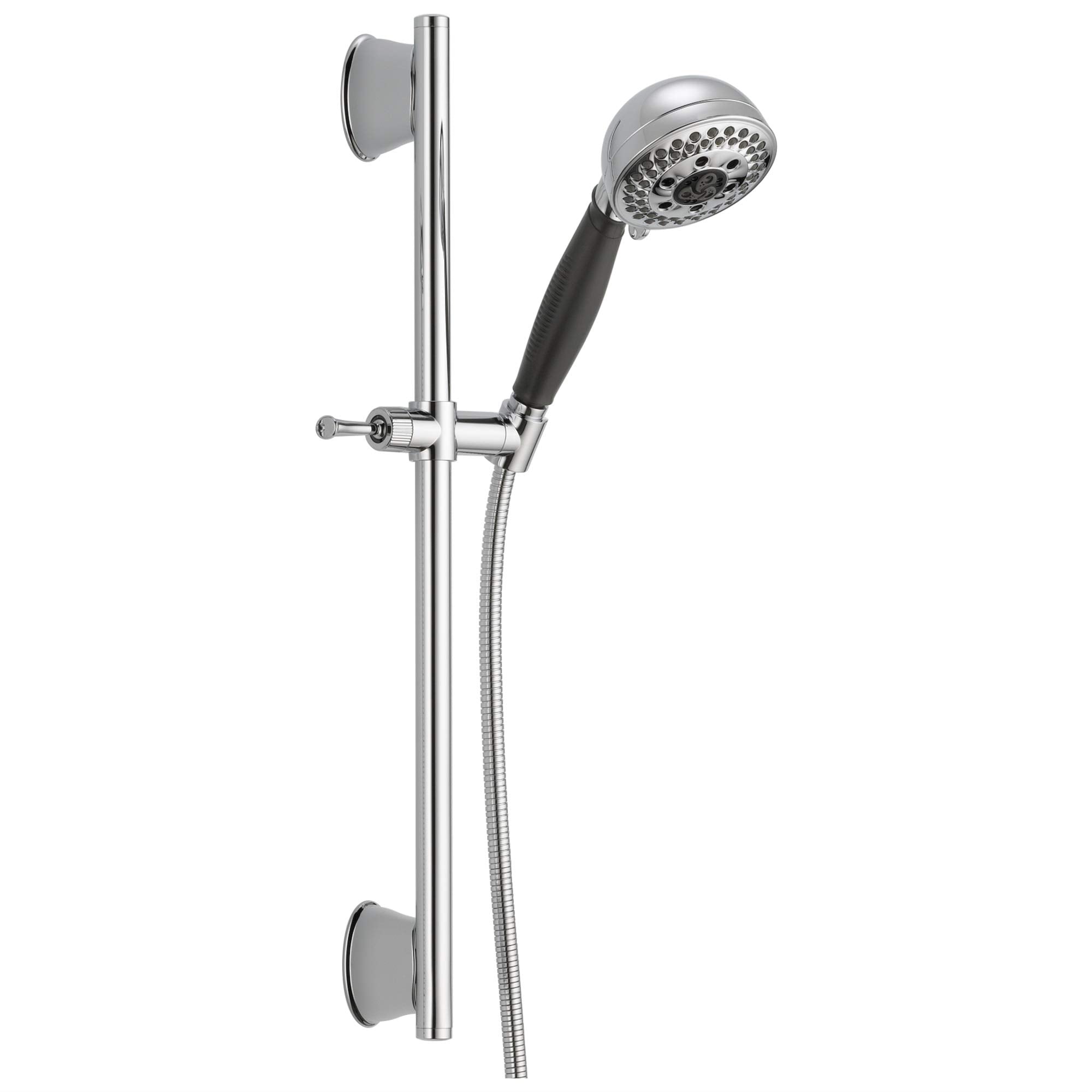 Chrome slide bar hand shower with black grip, multi-hole showerhead, mounting brackets, and flexible hose.