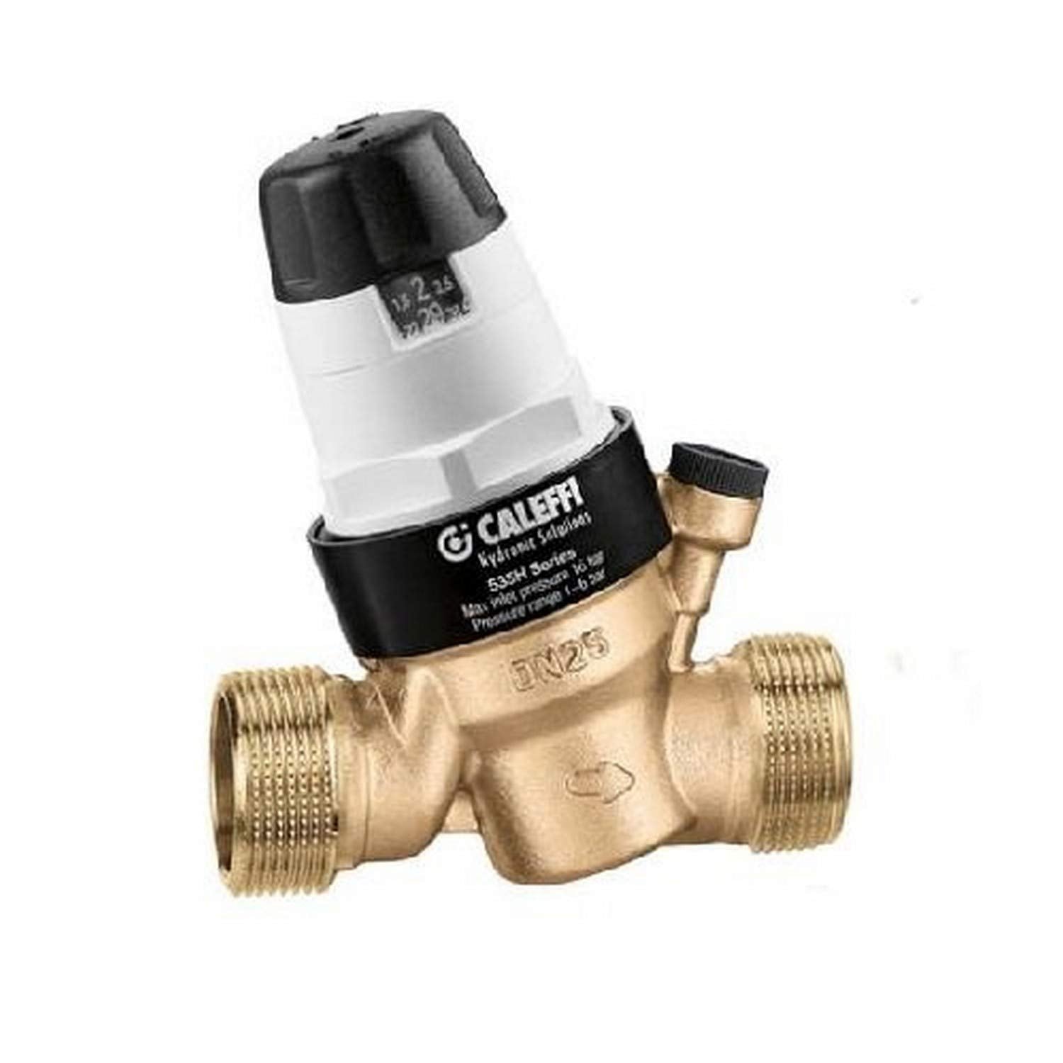 Caleffi brass pressure relief valve with black cap and adjustment knob, 1" press connections on three sides.