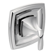 Chrome single-handle shower valve trim with angular geometric design and volume control lever.