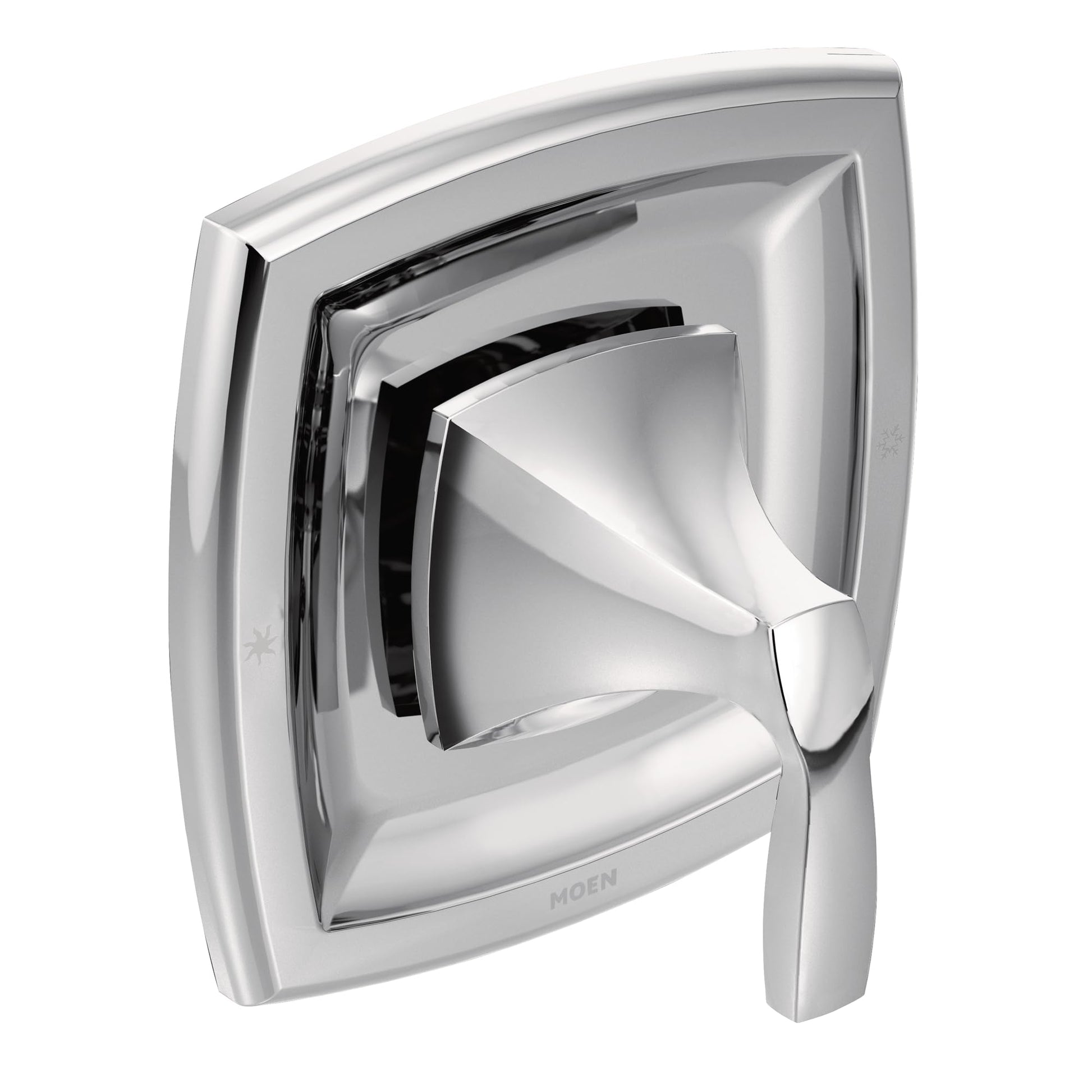 Chrome single-handle shower valve trim with angular geometric design and volume control lever.