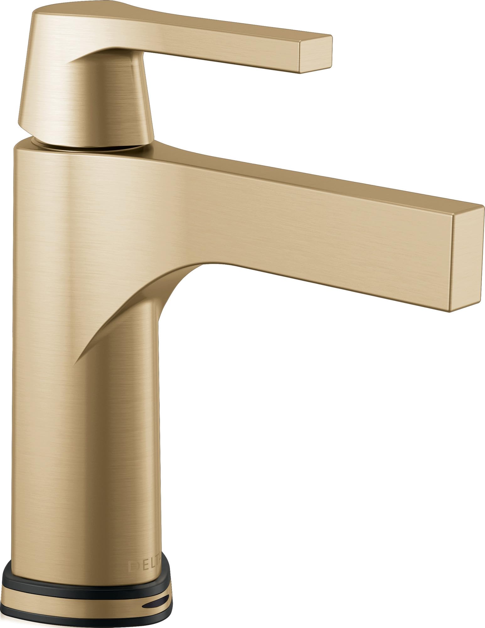 Brushed gold single-handle bathroom faucet with rectangular spout and sensor base.