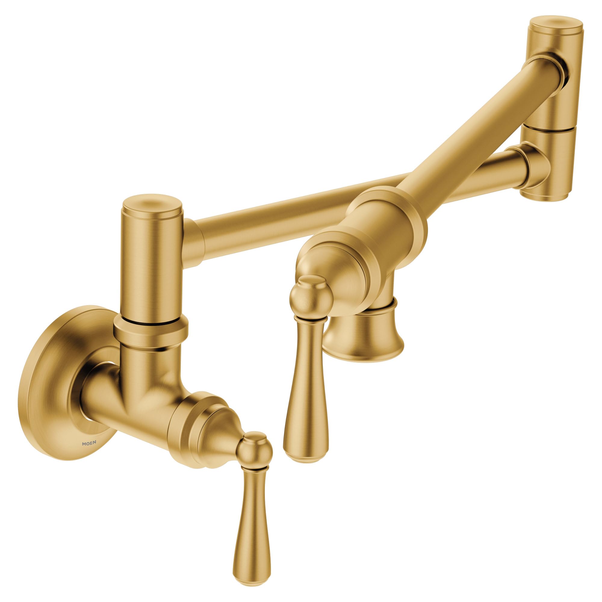 Brushed gold wall-mounted pot filler faucet with articulating arm and lever handles.