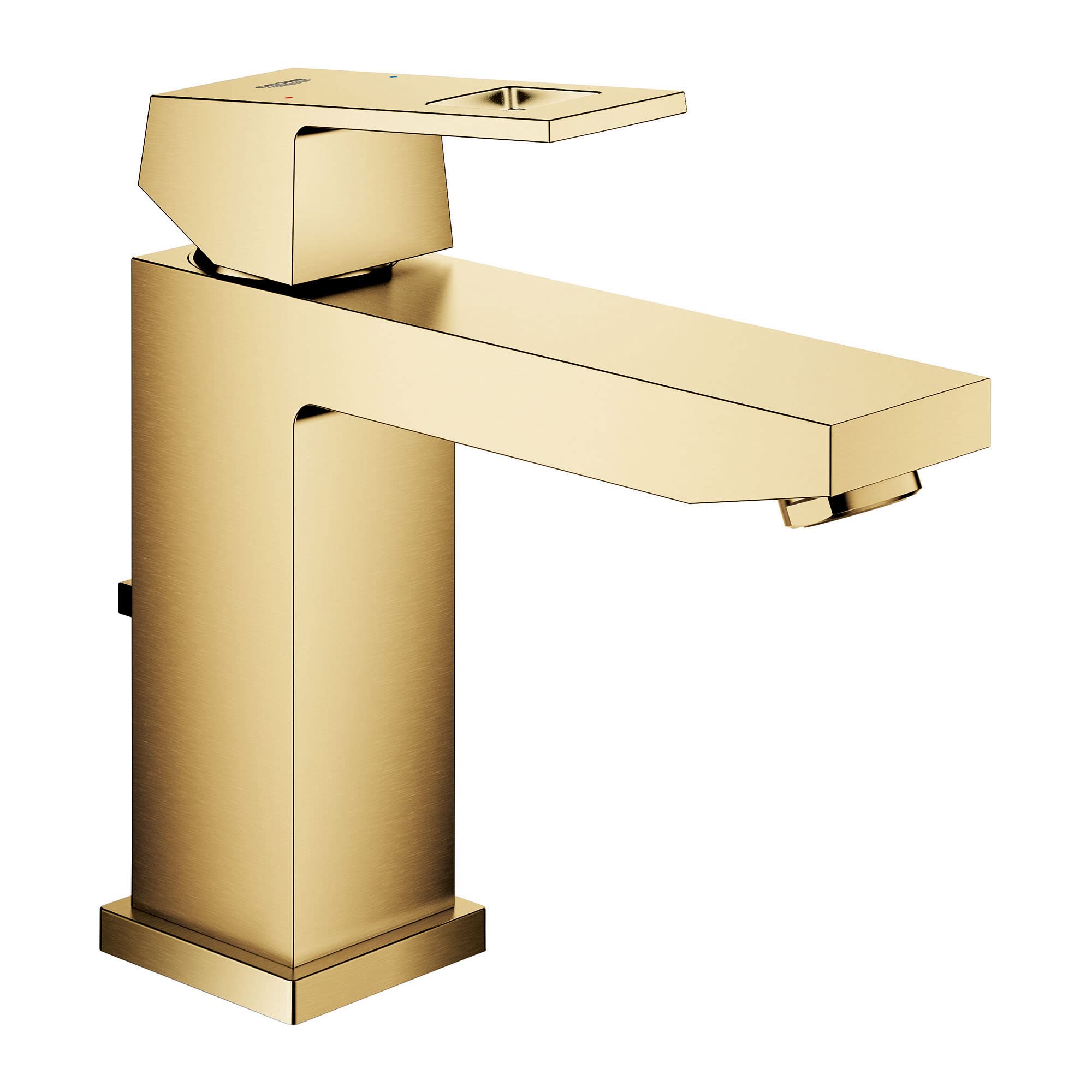 Grohe Eurocube single-hole bathroom faucet in brushed cool sunrise gold with single handle and angled spout.