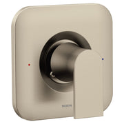 Brushed nickel shower valve trim with rounded rectangular escutcheon plate, curved lever handle, and temperature indicator do