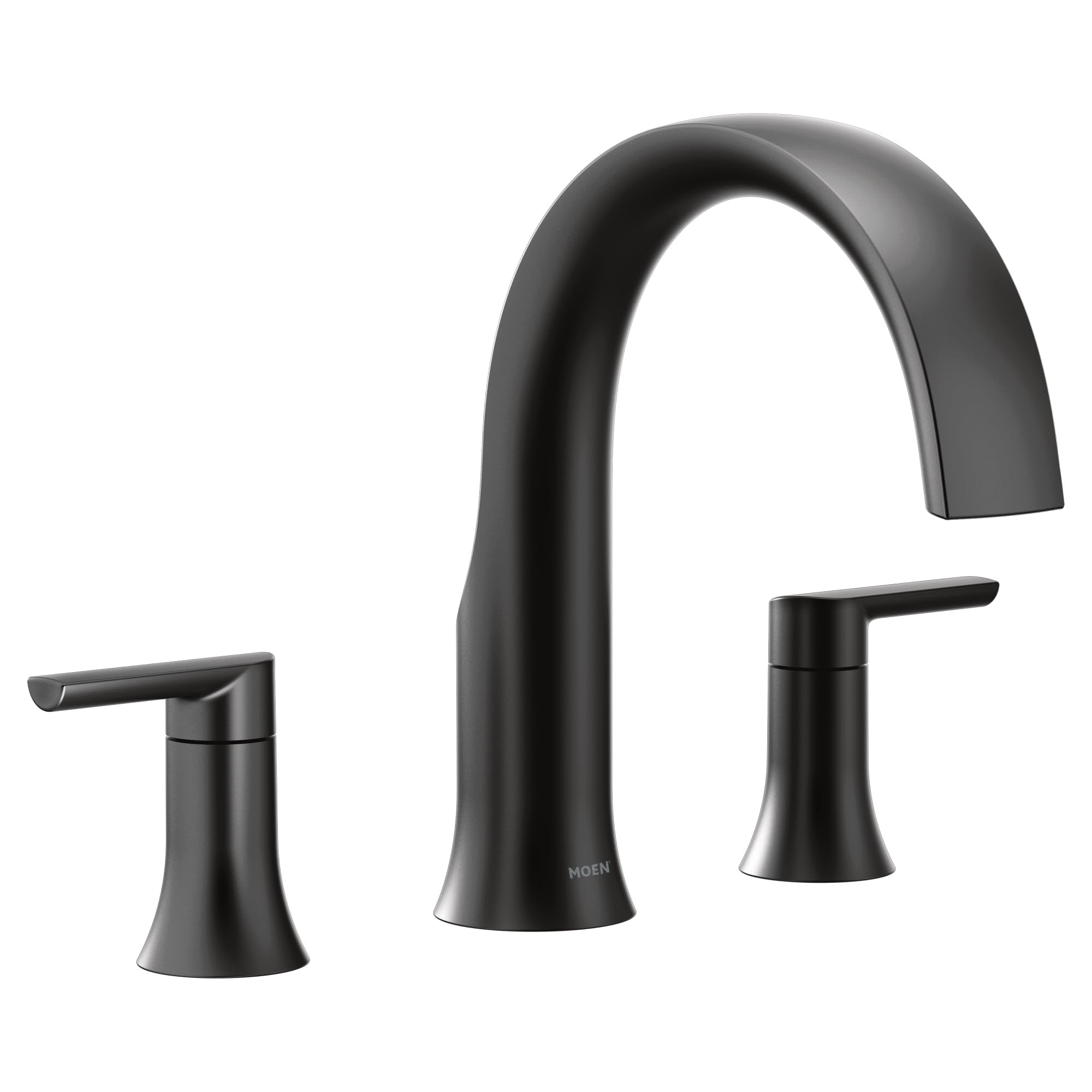Matte black two-handle Roman tub faucet with curved spout and lever handles on each side.