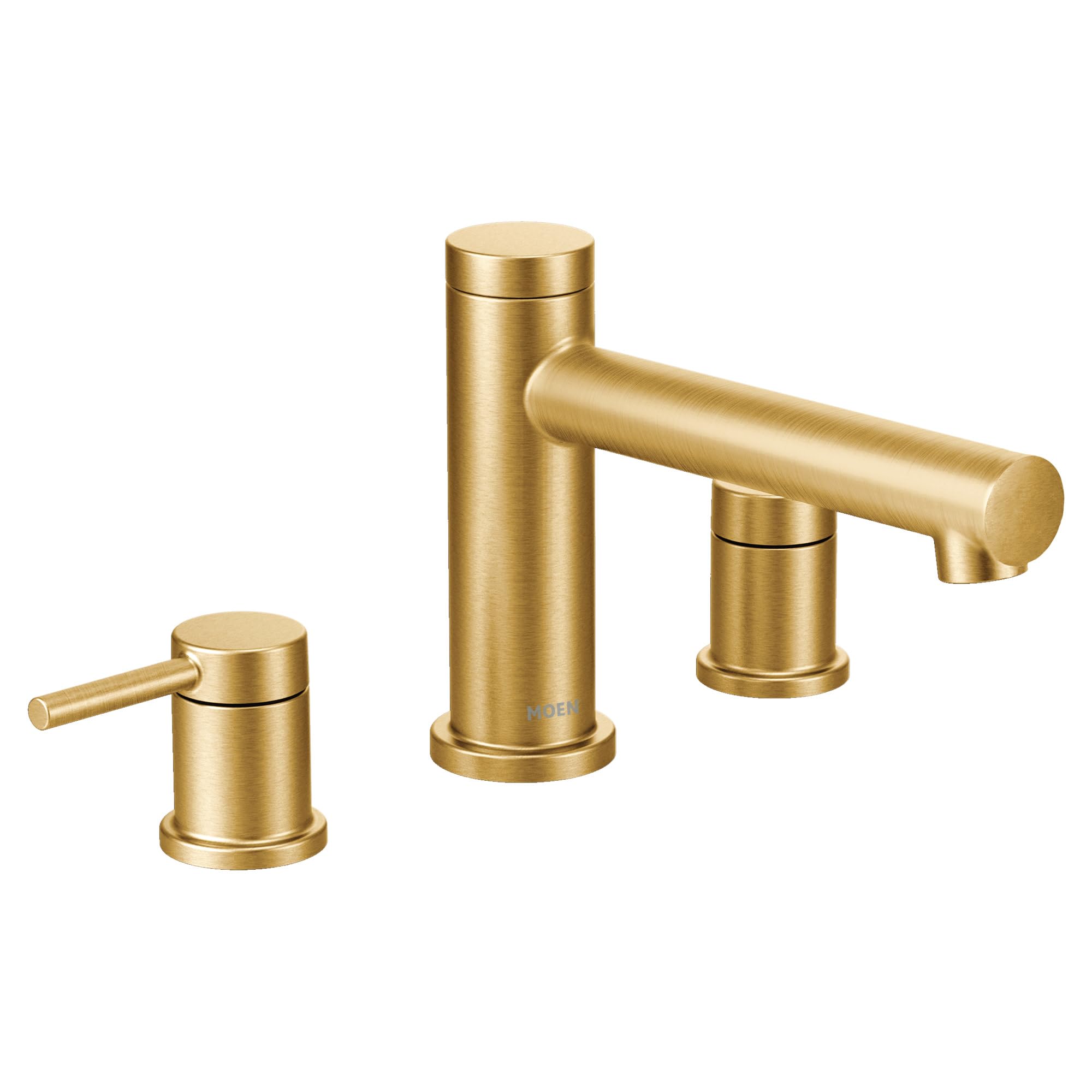 Brushed gold two-handle deck mount roman tub faucet with cylindrical spout and round handles.