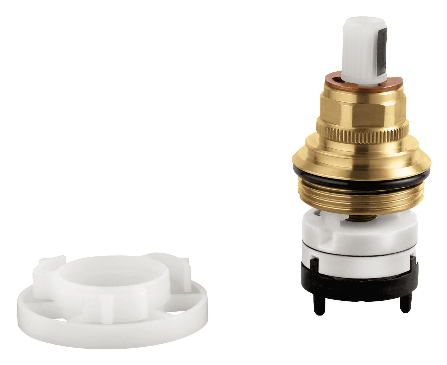 Grohe diverter cartridge with brass body, white plastic components, black seal, and lever handle.