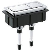 Chrome and black dual flush toilet actuator plate with two rectangular buttons mounted on black cistern housing with supply c