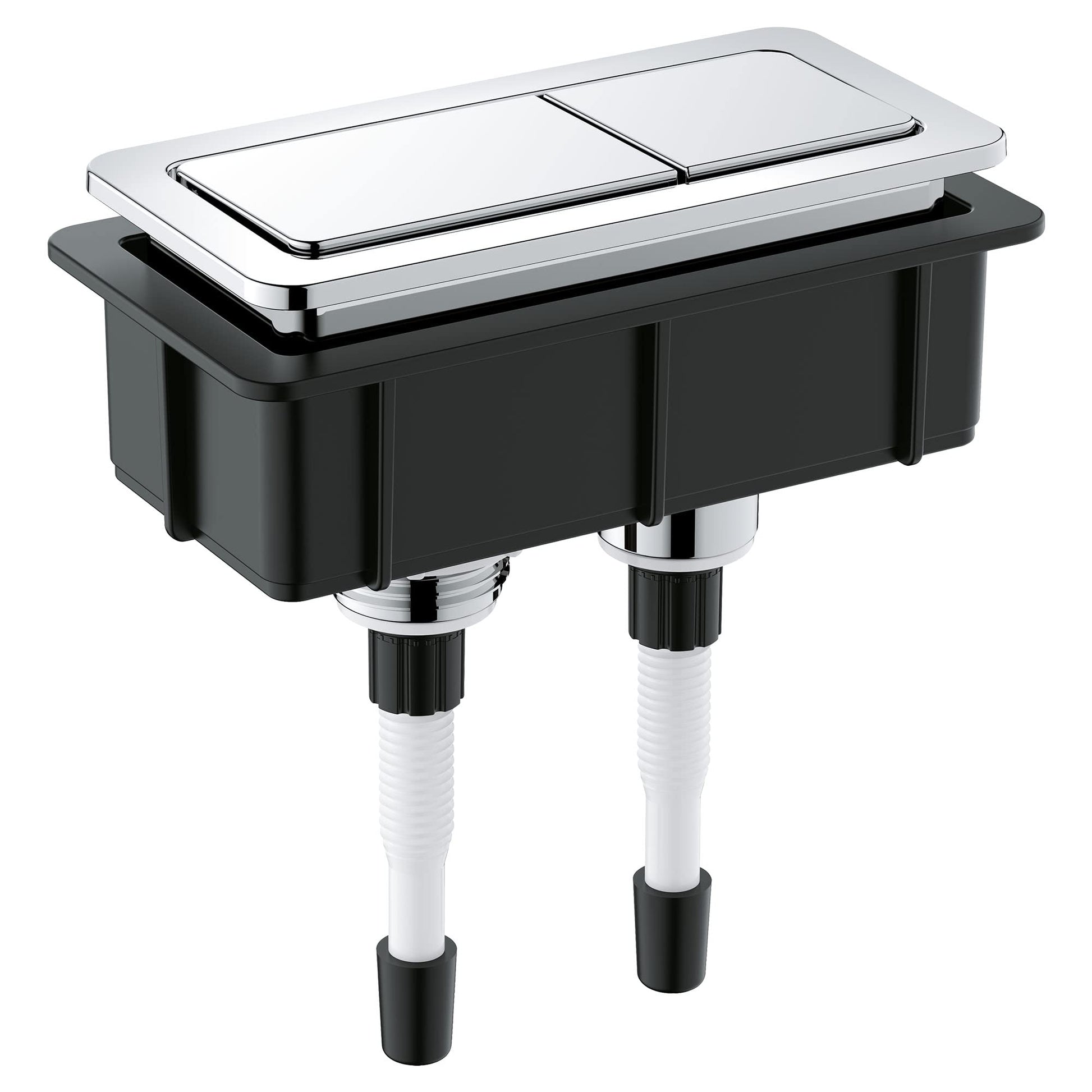 Chrome and black dual flush toilet actuator plate with two rectangular buttons mounted on black cistern housing with supply c