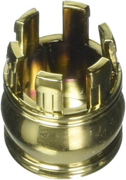 Polished brass end cap with four rectangular tabs extending from rounded base, traditional style fixture component.