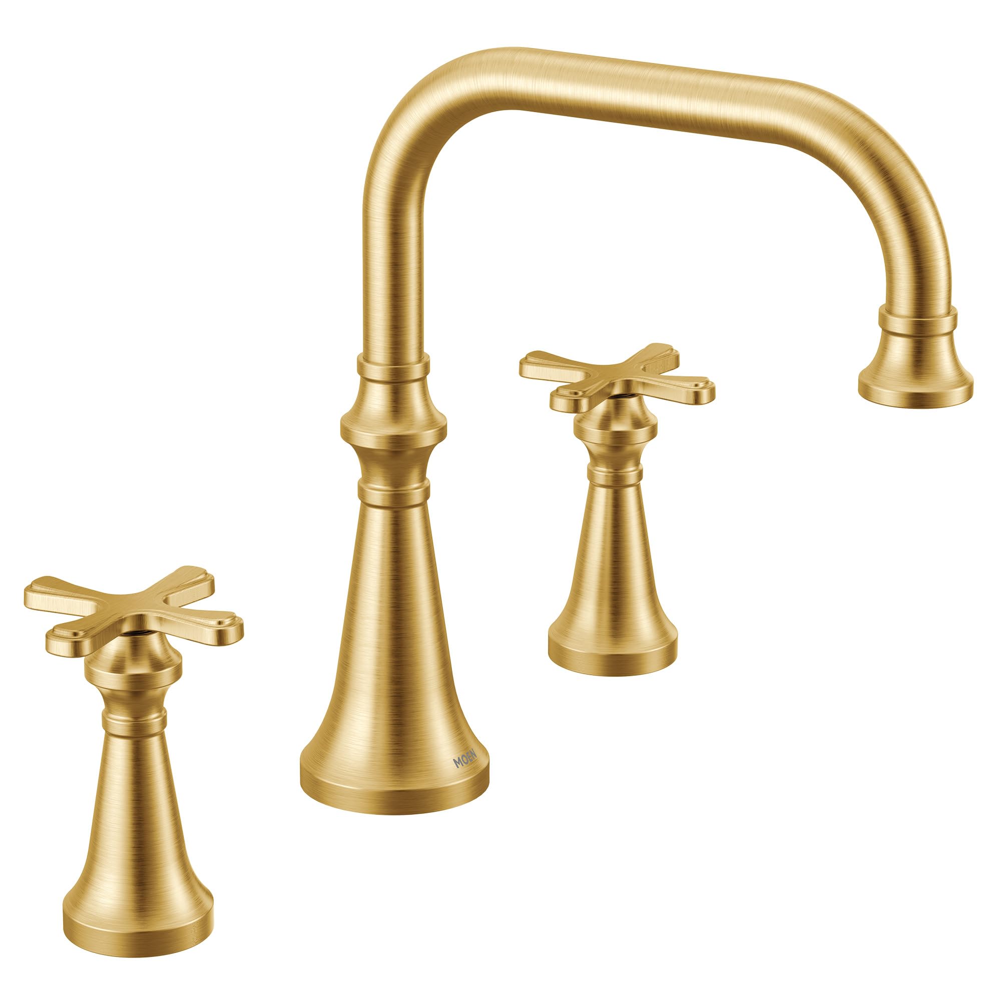 Brushed gold two-handle arc deck mount roman tub faucet trim with cross handles.