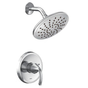 Chrome shower trim kit with single lever handle, round showerhead with spray holes, and curved arm extending from circular wa