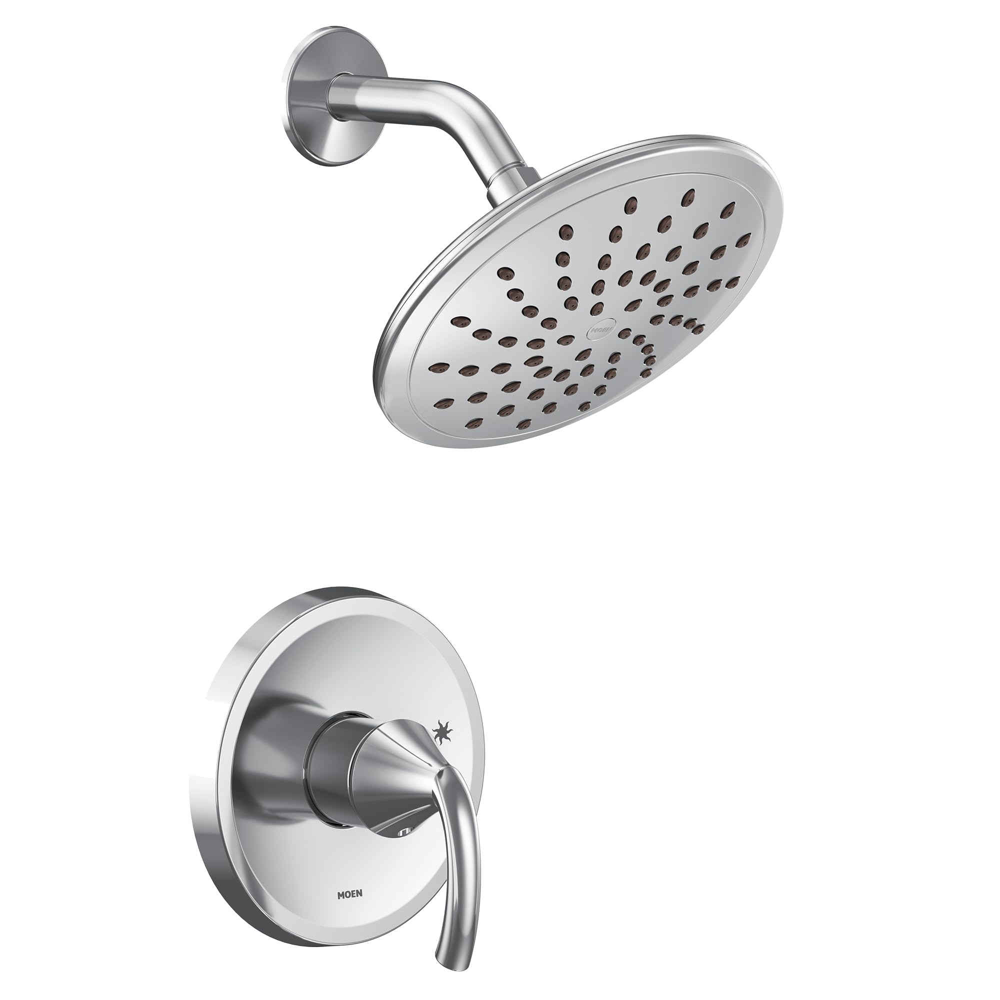 Chrome shower trim kit with single lever handle, round showerhead with spray holes, and curved arm extending from circular wa