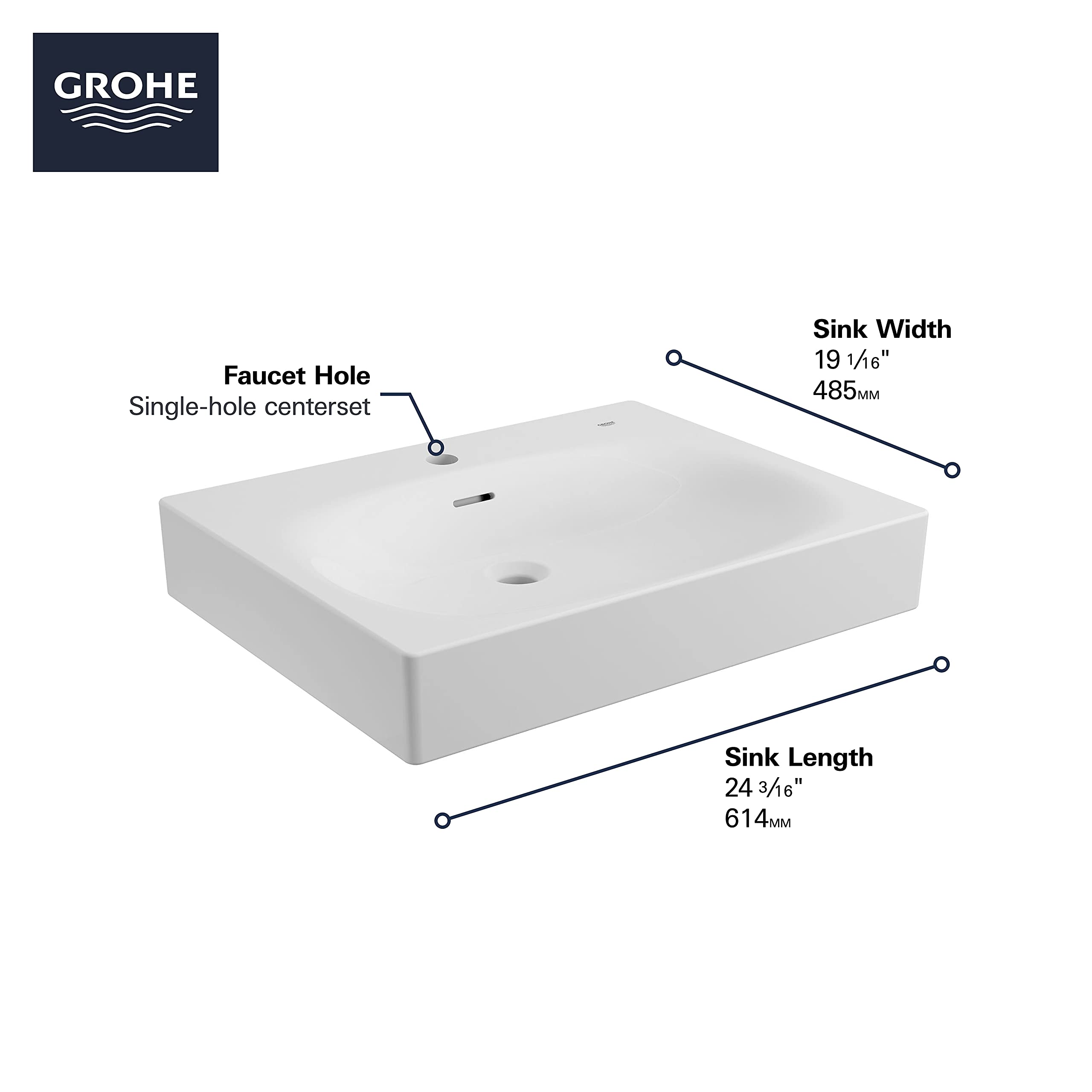 Grohe Eurocube 39656000 Wall Mount 24" Bathroom Sink, 1-hole in Grohe Alpine White