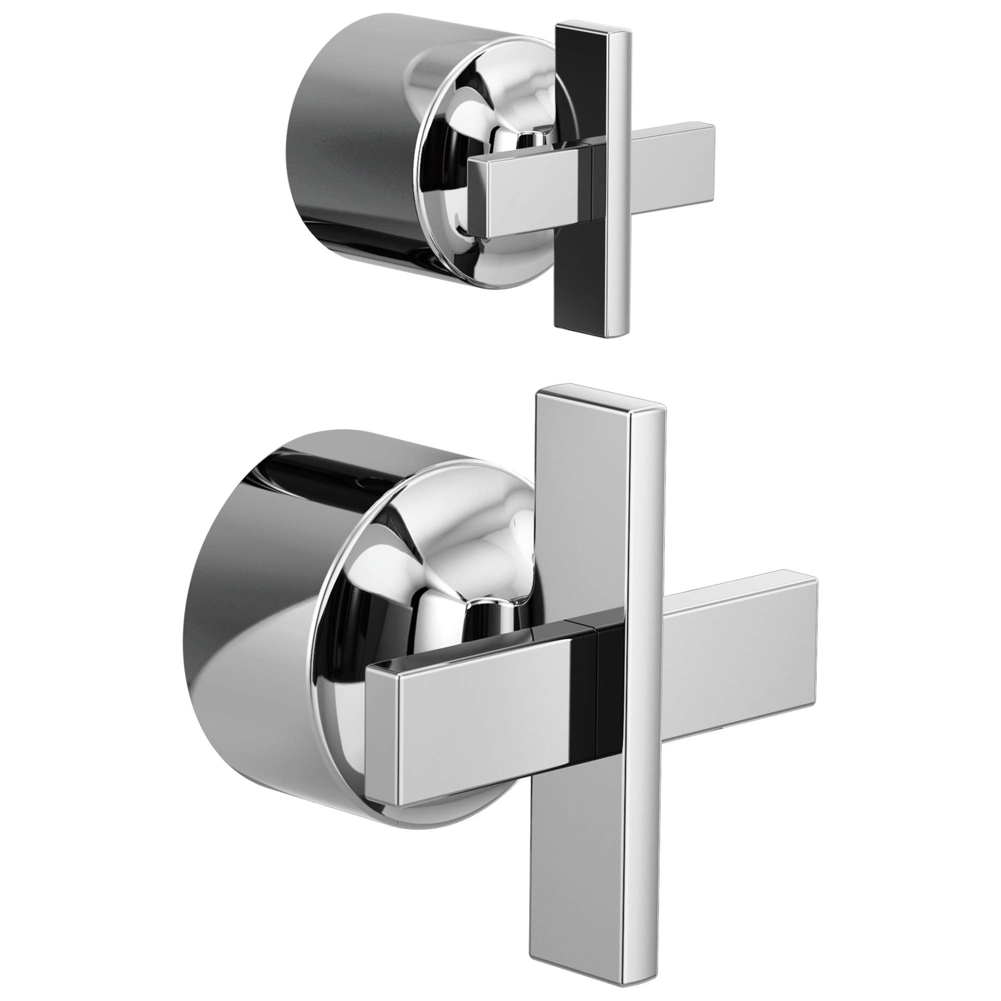 Two chrome and black valve trim kits with rectangular cross handles mounted on cylindrical valve bodies.