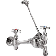 Chrome wall-mount service sink faucet with dual wing handles, adjustable swing spout, and overhead spray.