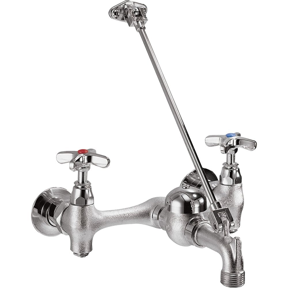 Chrome wall-mount service sink faucet with dual wing handles, adjustable swing spout, and overhead spray.