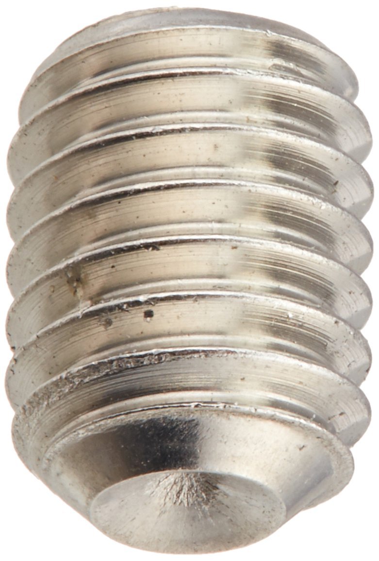 Metal set screw with threaded shaft and rounded head, brushed nickel finish.