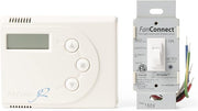 White wall-mounted controller with digital display and three buttons on left; FanConnect fan/light switch with wiring termina