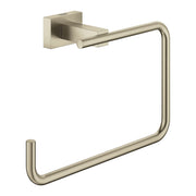 Brushed nickel square wall-mounted towel ring with curved rectangular loop and mounting bracket.