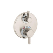 Brushed nickel thermostatic shower trim with two round control knobs and lever handle on oval escutcheon plate.