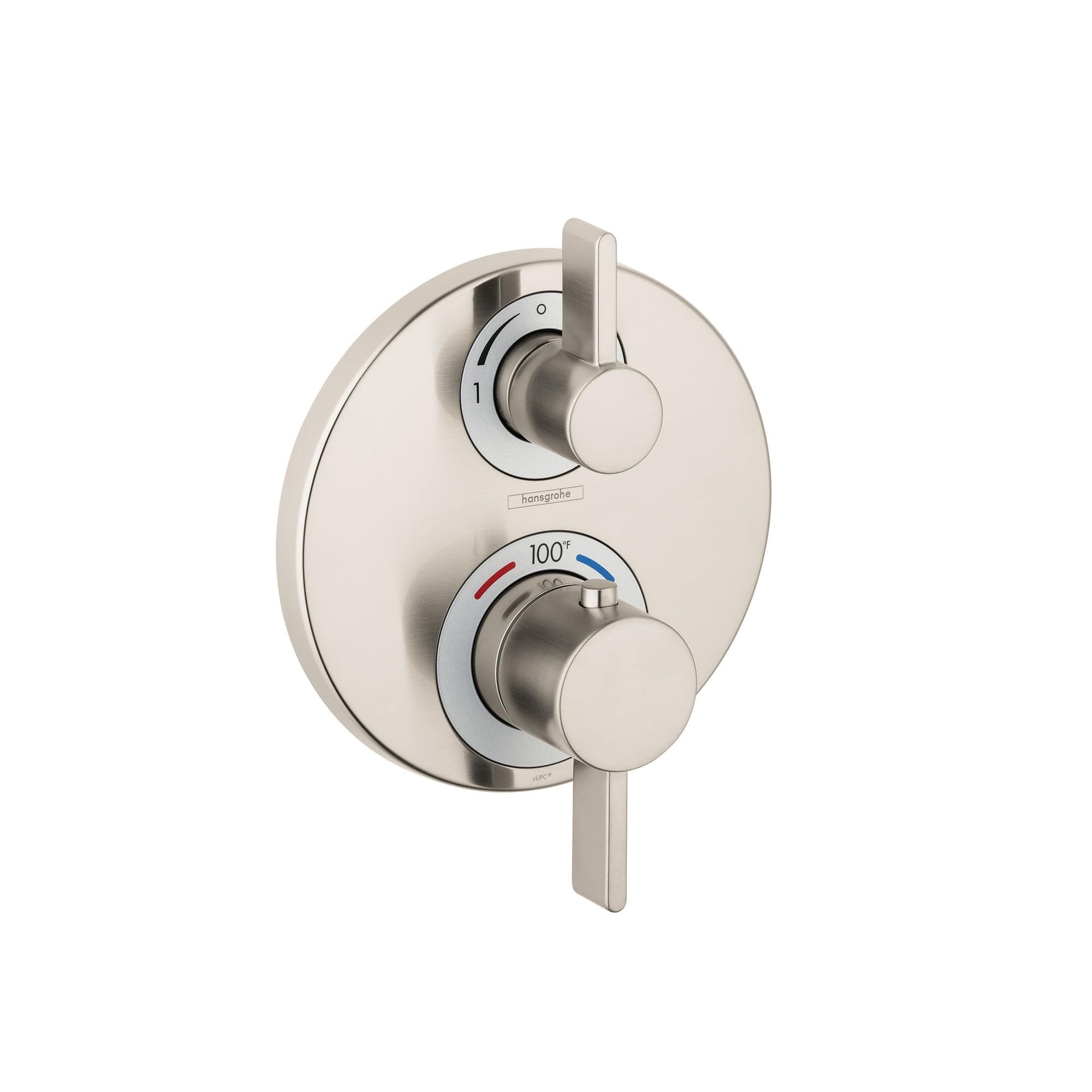 Brushed nickel thermostatic shower trim with two round control knobs and lever handle on oval escutcheon plate.
