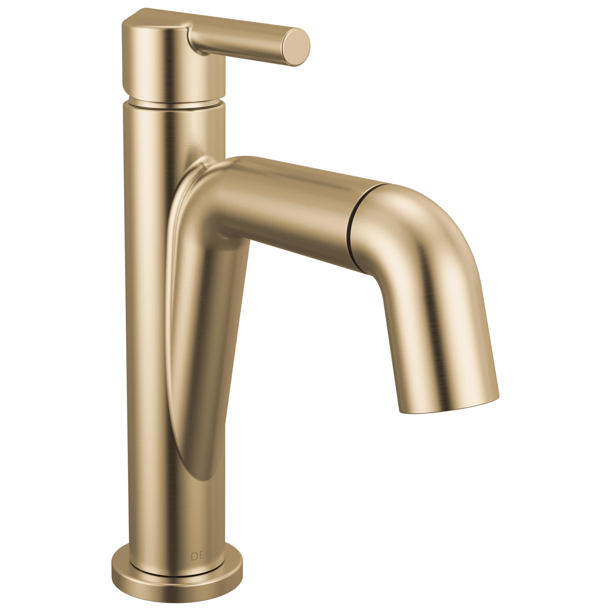 Champagne bronze single-handle bathroom faucet with pull-down spout and cylindrical body.