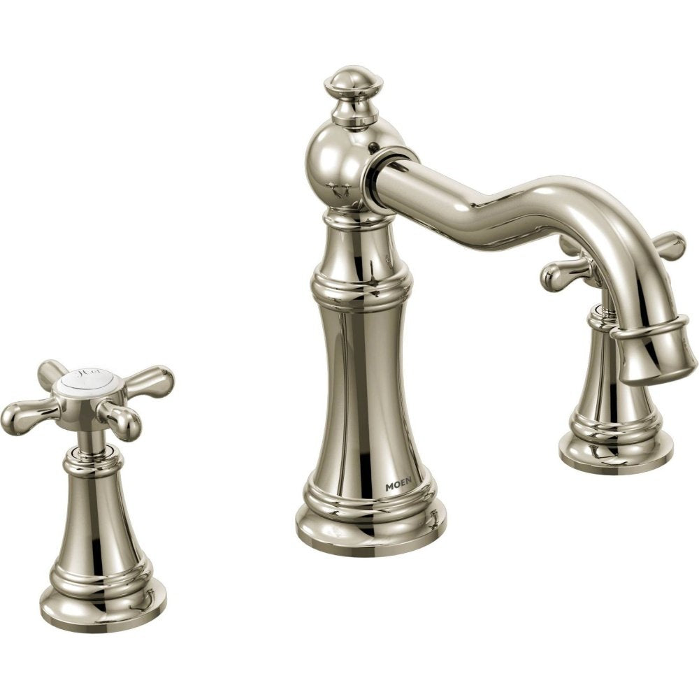 Nickel two-handle high arc Roman tub faucet with cross handles and curved spout.
