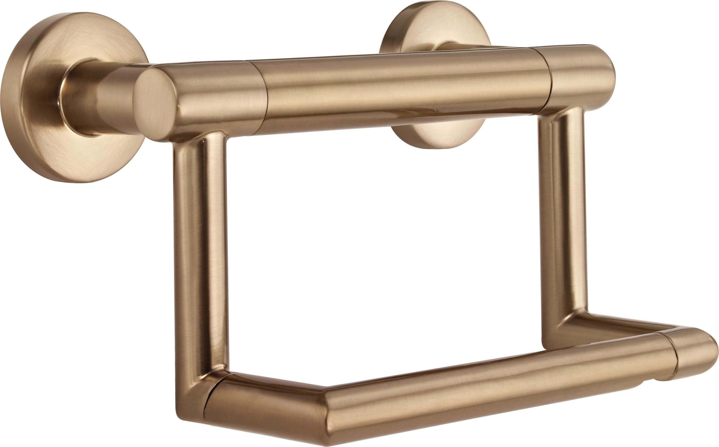 Brushed bronze tissue holder with assist bar and circular wall mounts.