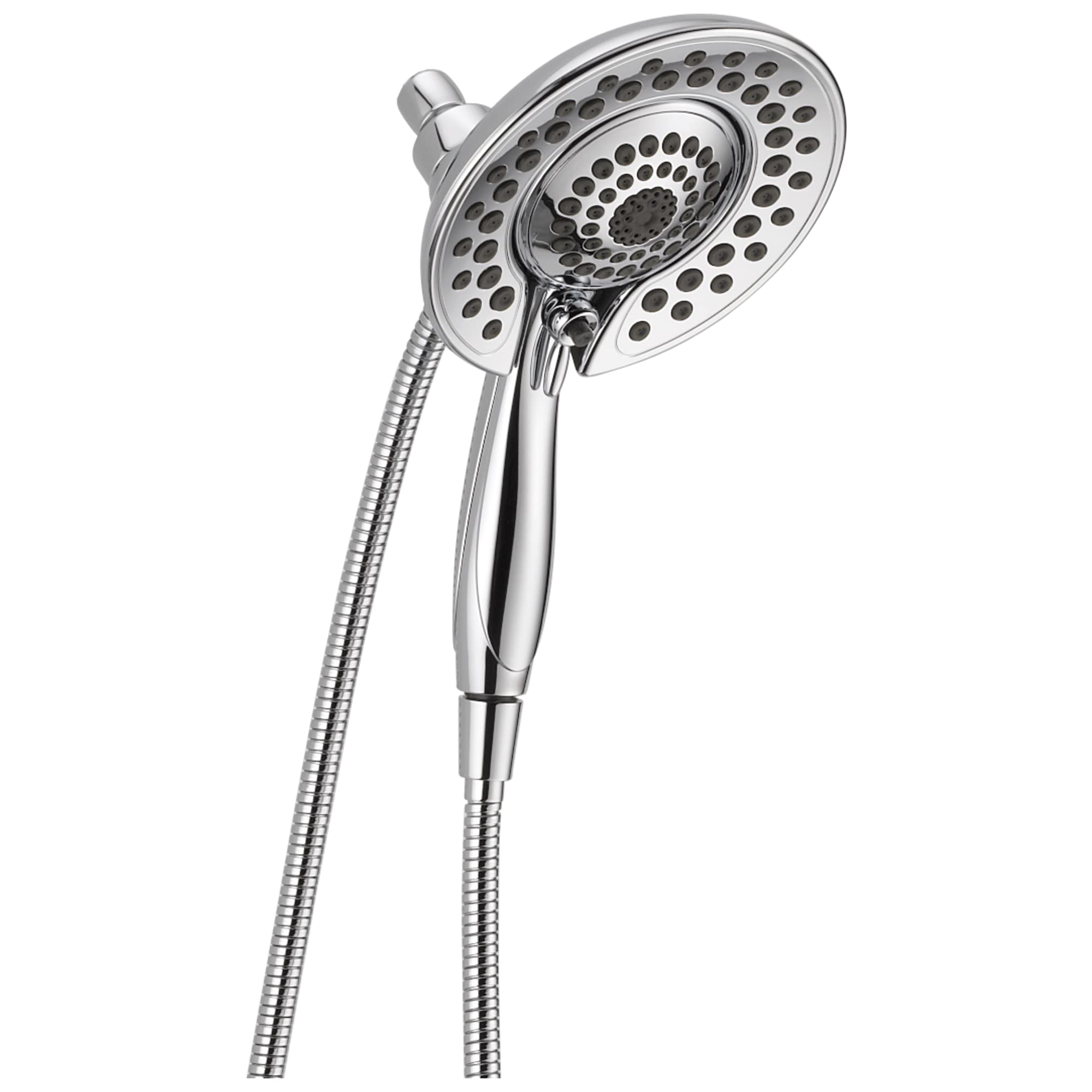 Chrome two-in-one showerhead with perforated spray pattern and handheld attachment connected by flexible hose.