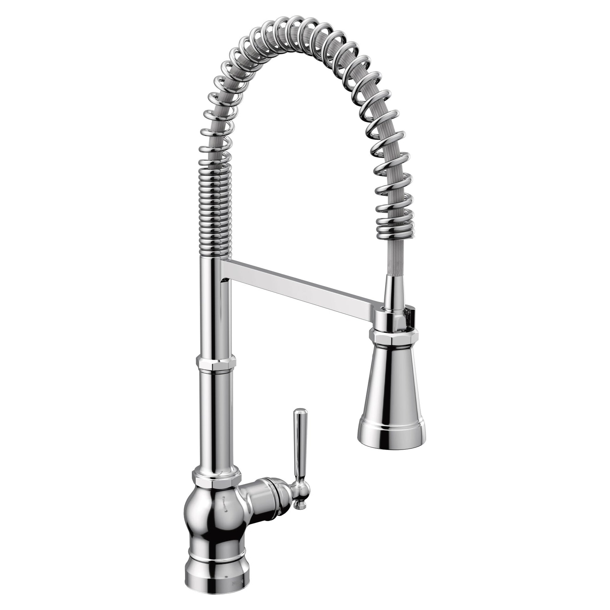 Chrome kitchen faucet with single handle, coiled spring pulldown sprayer, and tapered spout.