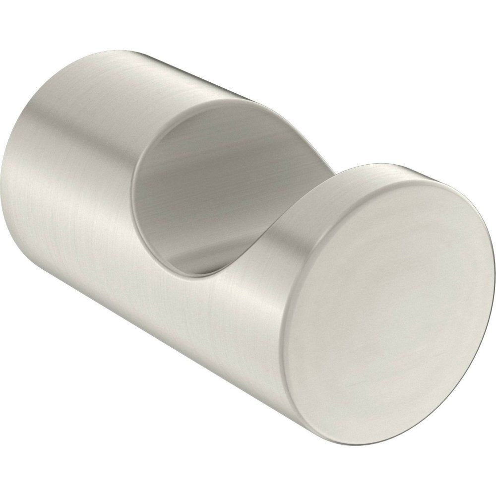 Cylindrical brushed nickel robe hook with curved interior hook and circular mounting flanges on both ends.