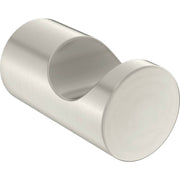 Cylindrical brushed nickel robe hook with curved interior hook and circular mounting flanges on both ends.