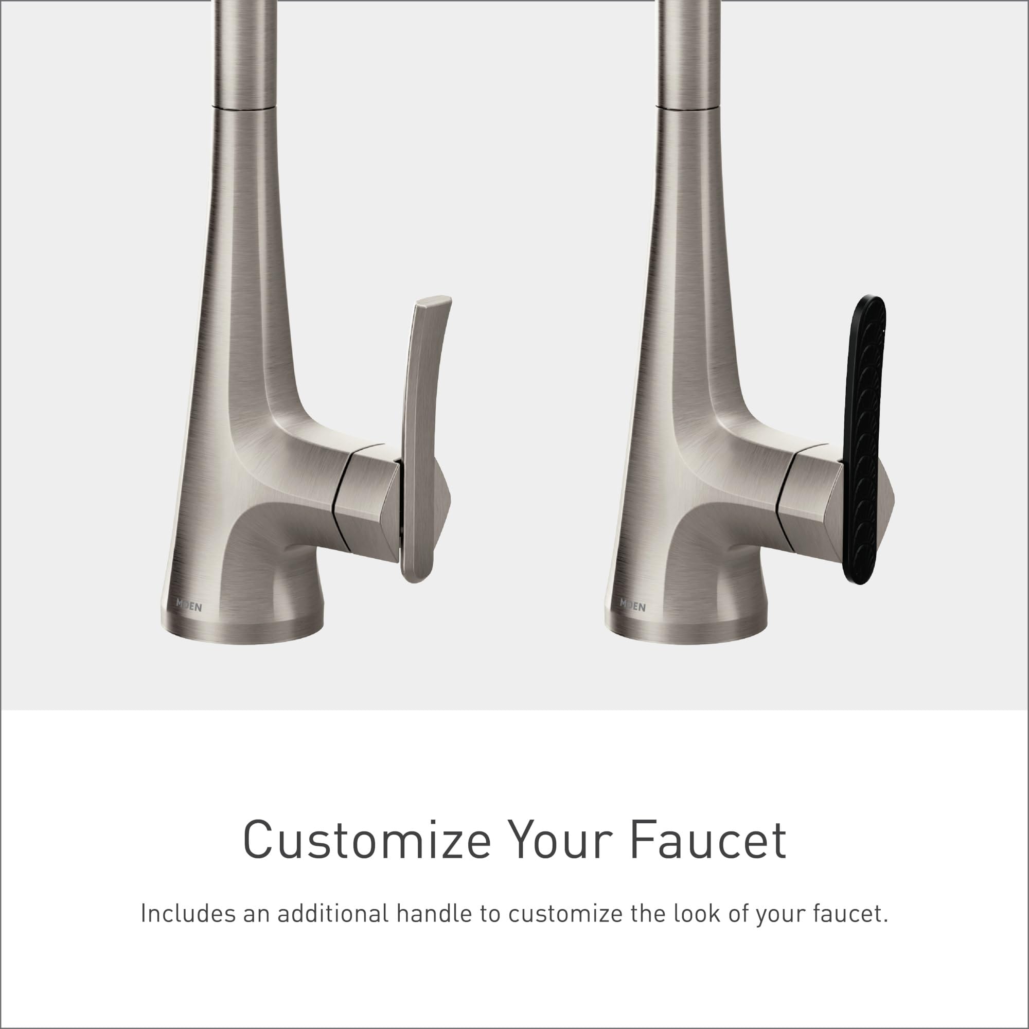 Stainless steel kitchen faucet with high arc spout and single handle shown with interchangeable gray and black handle options