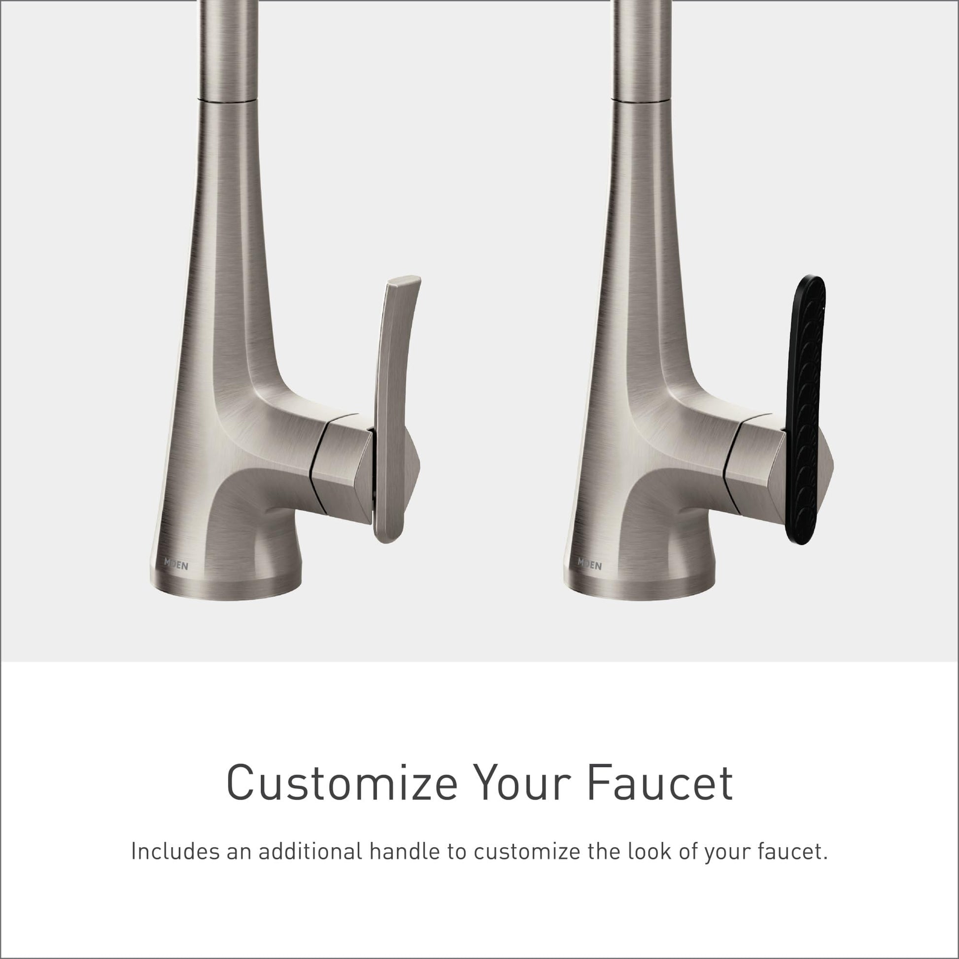 Stainless steel pulldown kitchen faucet with single handle shown with interchangeable gray and black handle options.