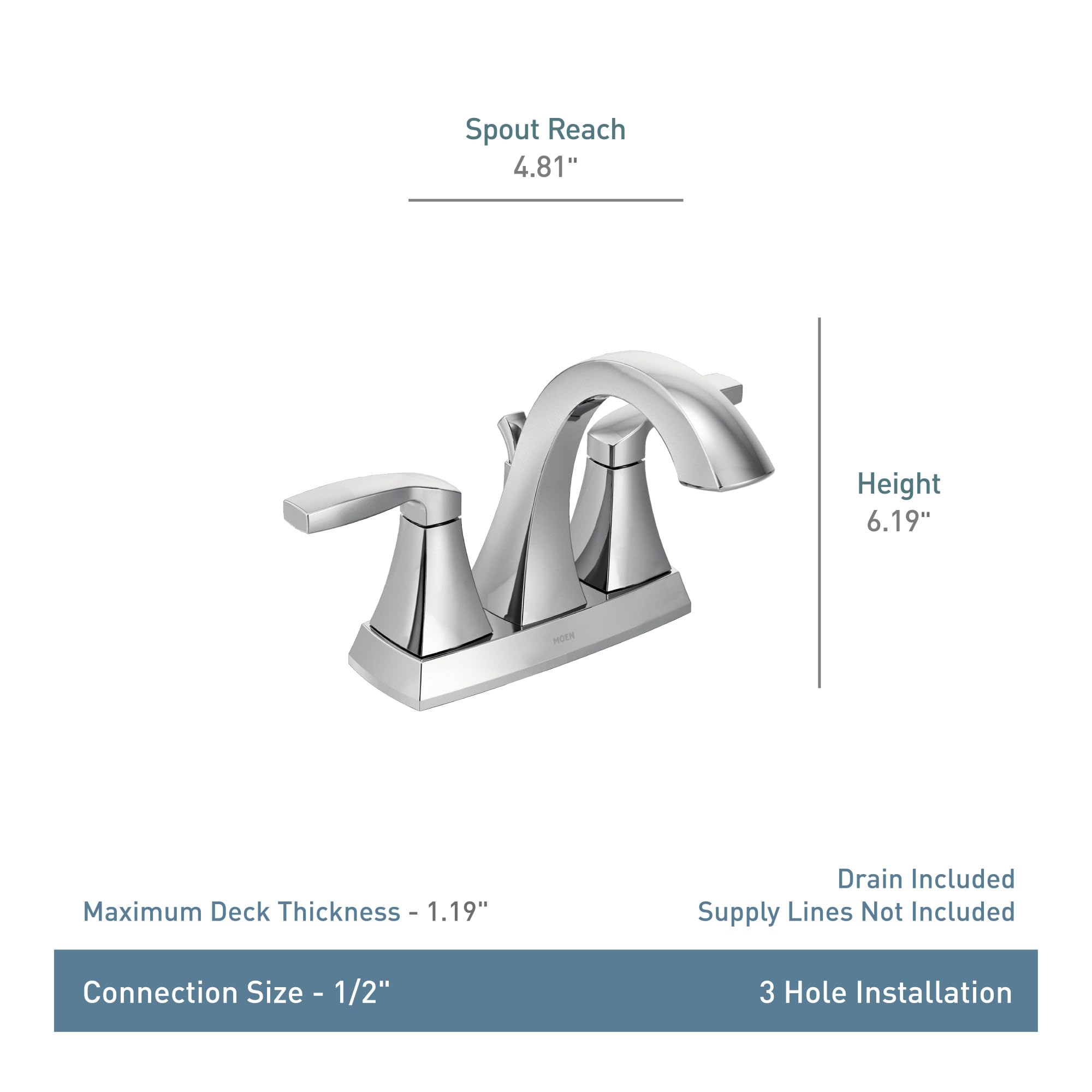 Brushed gold two-handle bathroom faucet with high arc spout, 6.19" height, 4.81" spout reach, for 3-hole setup.