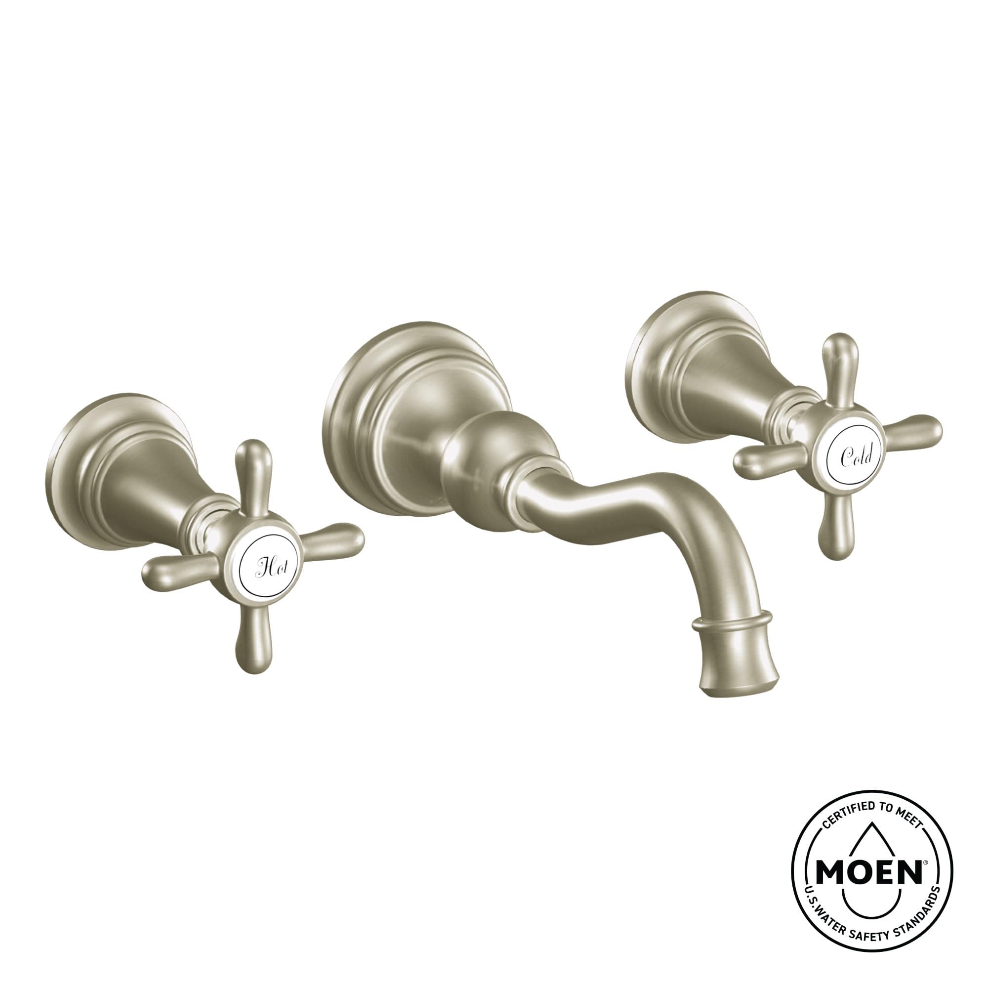 Brushed gold wall-mount bathroom faucet with high arc spout and two cross handles labeled Hot and Cold.