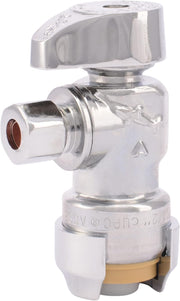 Brass angle stop valve with quarter-turn handle, push-to-connect fitting for 1/2 x 1/4 inch pipes.