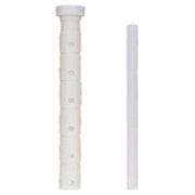 White plastic extension pipes with threaded connections and mounting holes on the larger cylindrical component.