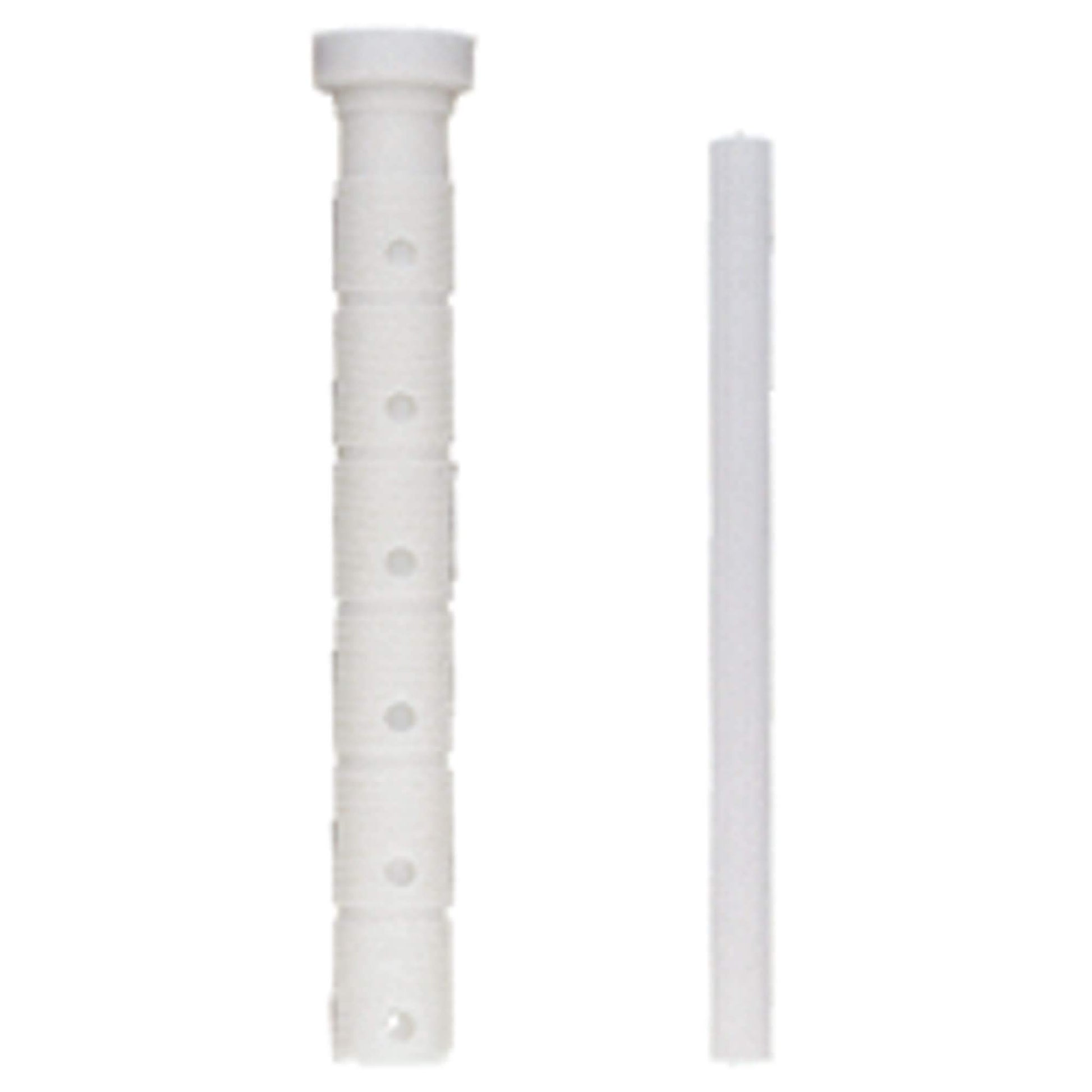White plastic extension pipes with threaded connections and mounting holes on the larger cylindrical component.