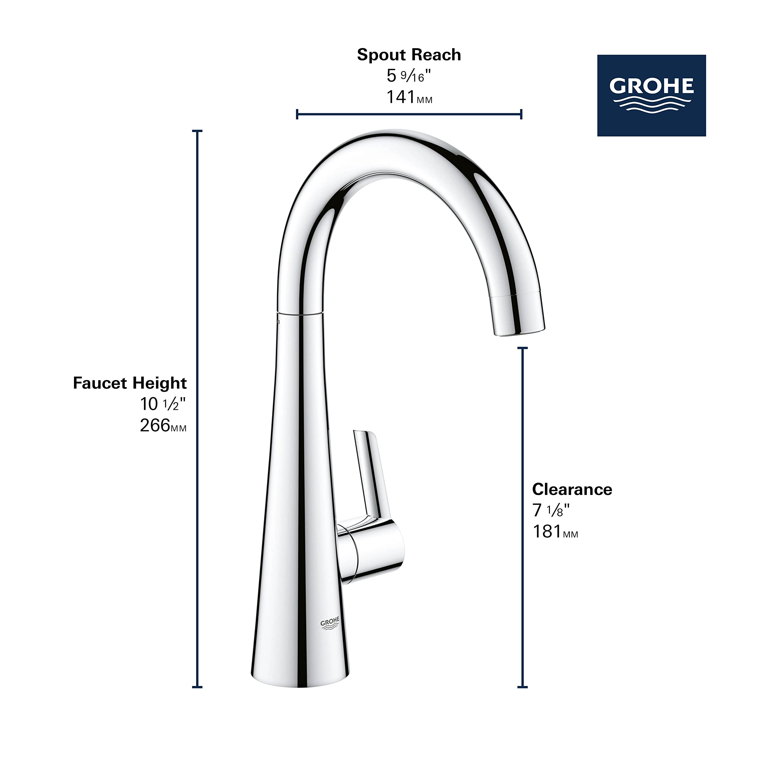 Chrome single-handle beverage faucet with curved spout, angled lever handle, and dimension specifications labeled.