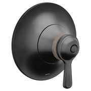 Moen matte black thermostatic shower valve trim with round escutcheon plate and lever handle control.