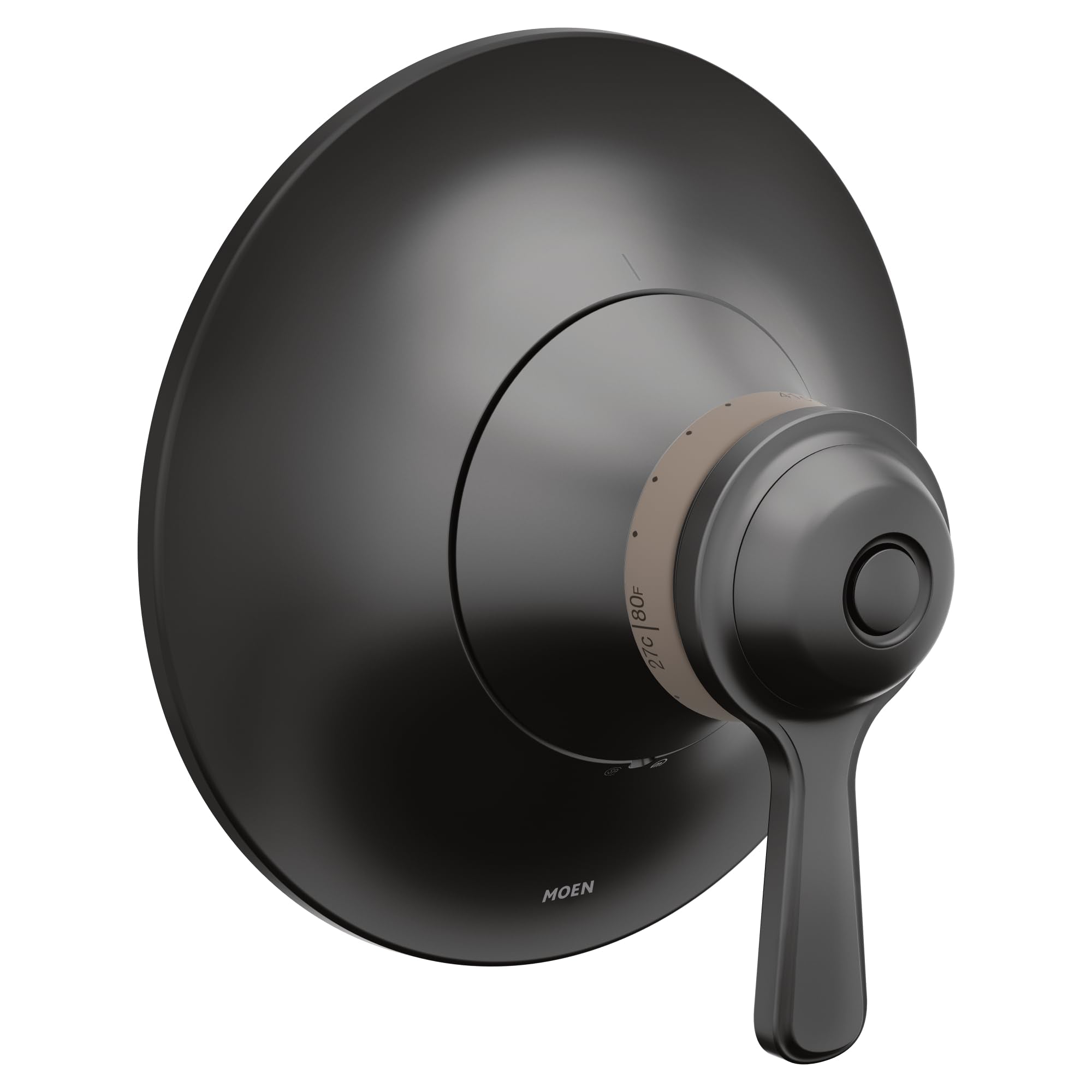 Moen matte black thermostatic shower valve trim with round escutcheon plate and lever handle control.