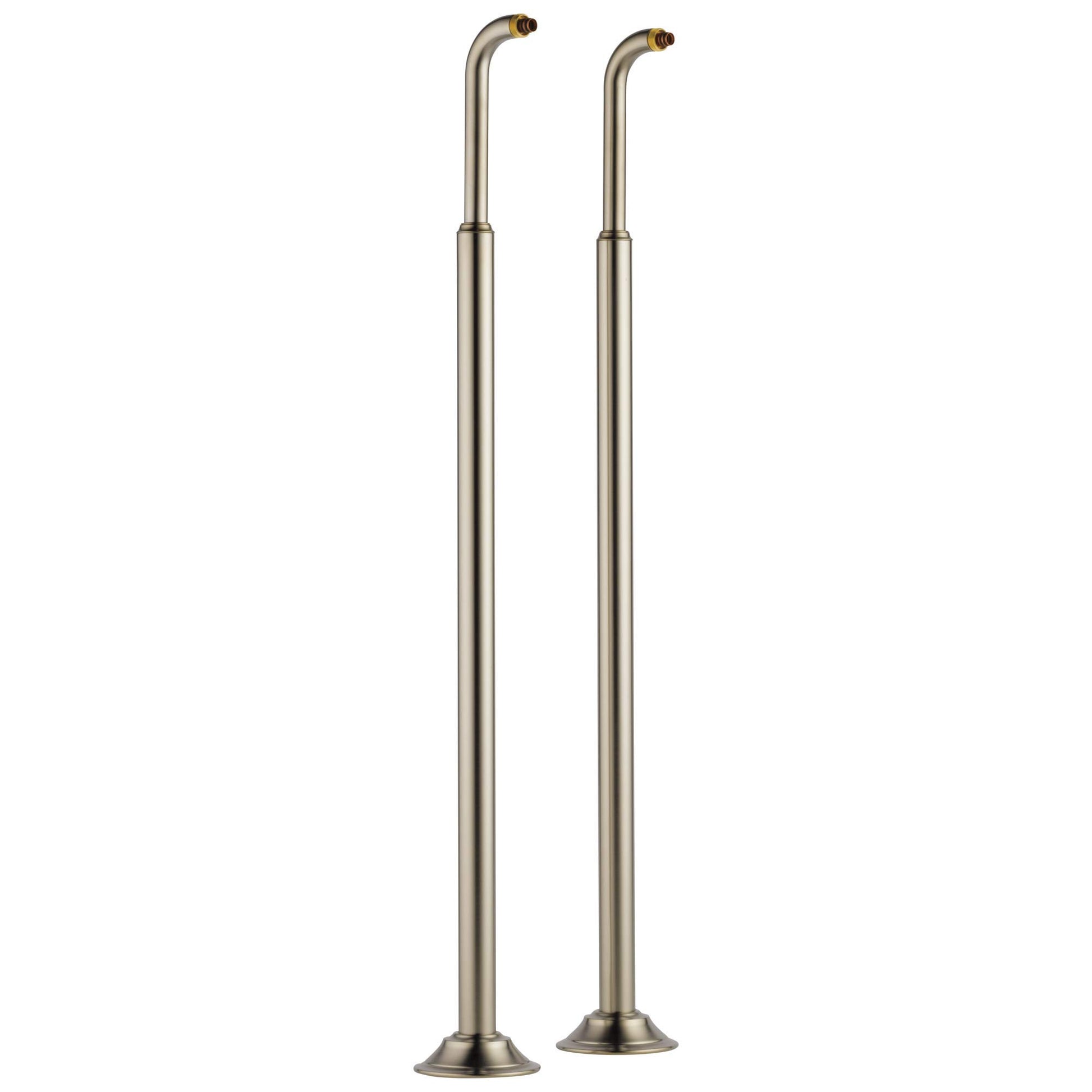 Two brushed nickel floor mount tub filler risers with curved spouts and round bases.