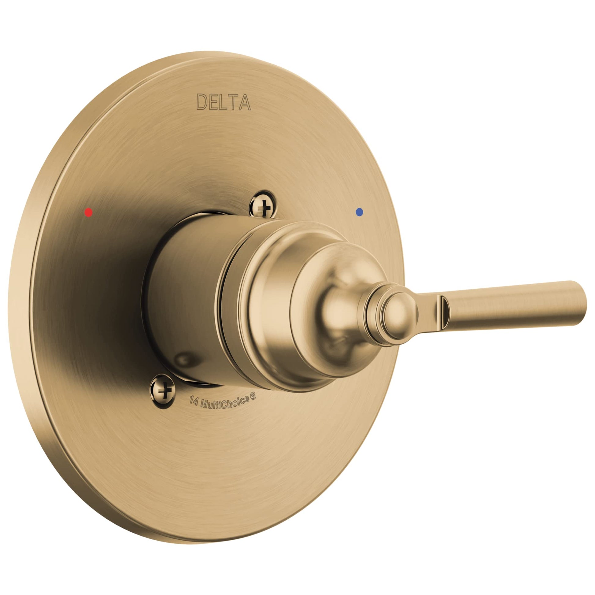 Delta Saylor Monitor 14 Series valve trim in brushed champagne bronze with lever handle and temperature indicator dots.
