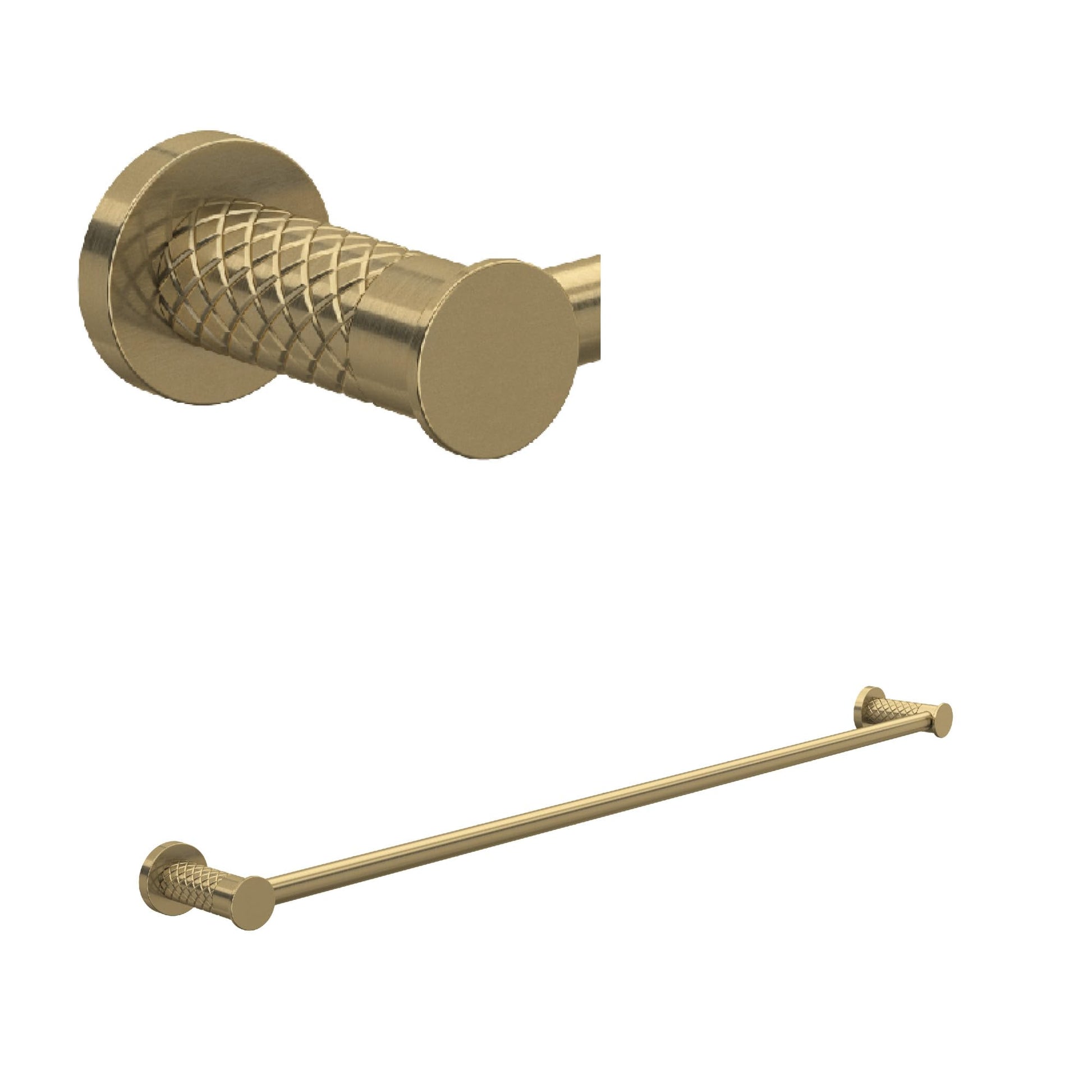 Antique gold towel bar with round wall mounts and textured cylindrical rod, shown in two views.