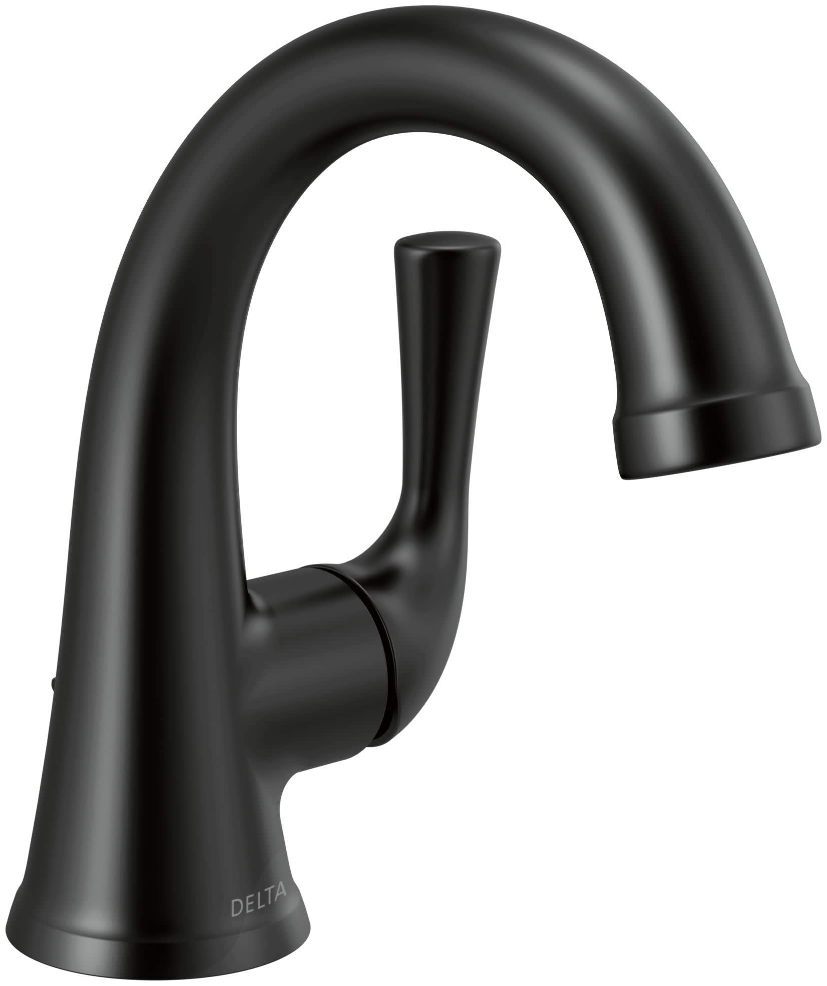 Black single-handle bathroom faucet with curved spout and cylindrical base.